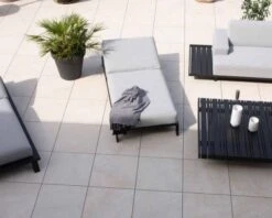 Bain De Soleil Confort Tissu Sunbrella Gris Clair Structure Aluminium Noire "Terrasse"