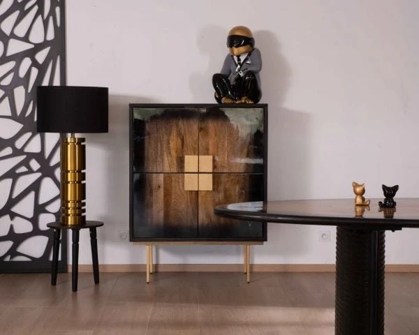 Meuble De Rangement Design Bois De Manguier Métal Doré "Pop Vintage"