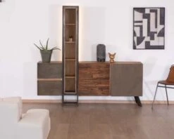 Vitrine Buffet Design "Mezzo" 3 Portes 2 Tiroirs Bois Métal Et Ciment