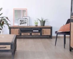 Meuble Tv Métal Industriel Et Bois De Manguier Massif "Saturne" 180cm