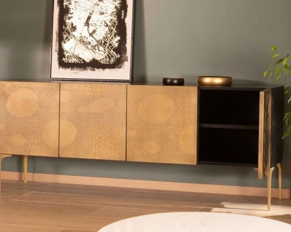 Buffet Bas Design En Fer Noir Et Laiton Gravé "Gilt Antique" 4 Portes – Image 6