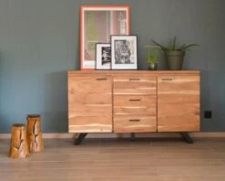 Buffet Bois Naturel Et Métal 2 Portes 3 Tiroirs "Zen Black" 145 Cm