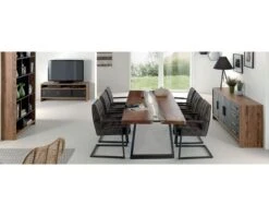 Grande Table De Repas Contemporaine En Verre, Métal Et Bois "Zenia"