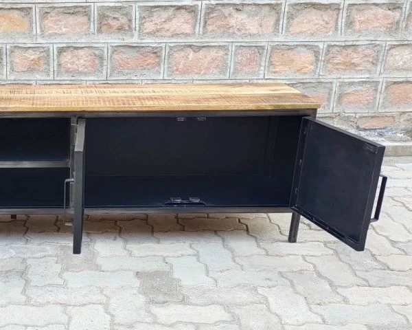 Meuble TV Noir En Métal Et Bois "Dowtoun" Style Atelier 220 Cm – Image 6