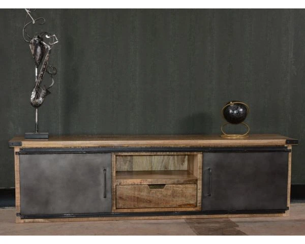 Meuble TV 160 Cm Porte Coulissante Métal Et Bois "Caractère"