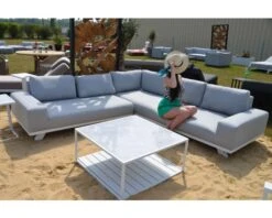 Salon D'angle Extérieur En Tissu Sunbrella Et Alu Blanc "Nusa Pedina"