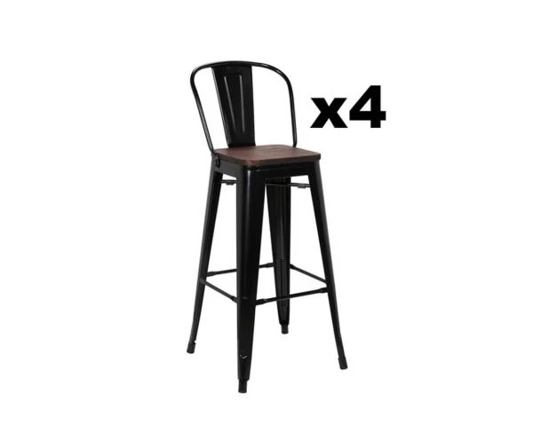 Lot De 4 Chaises De Bar Industrielles Métal Noir Assise Bois "Osaca"