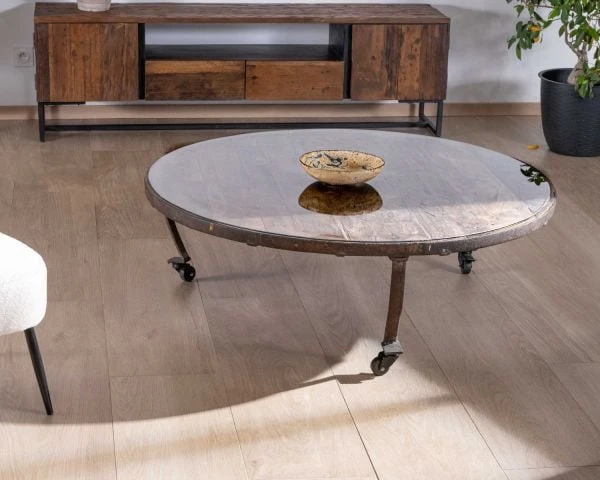Table Basse Ronde En Bois Recyclé Et Plateau Verre Avec Pieds Métal "Népalaise" – Image 5