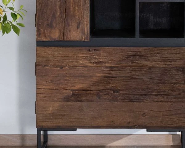 Buffet Haut Moderne Finition Bois Brut Et Noir "Cachou Chic" Avec Portes Et Niches – Image 3