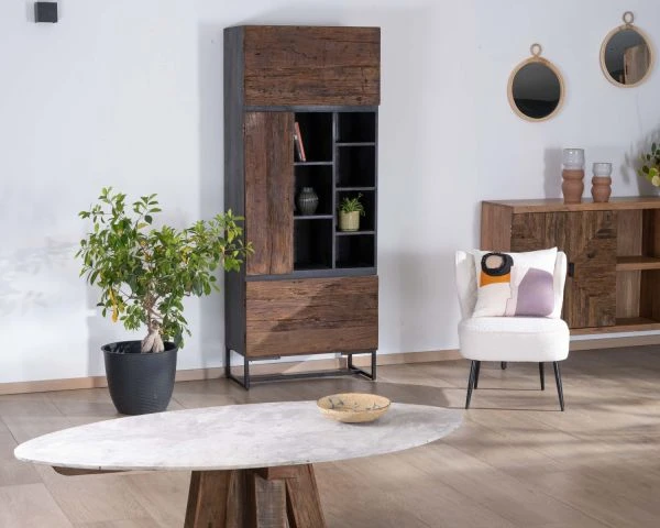 Buffet Haut Moderne Finition Bois Brut Et Noir "Cachou Chic" Avec Portes Et Niches