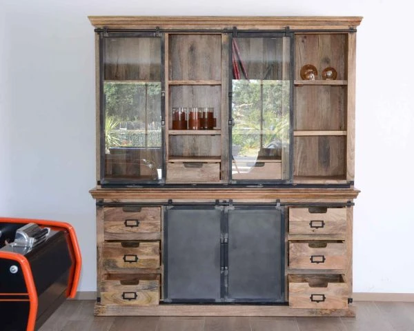 Buffet Haut Style Atelier Portes Coulissantes Métal Bois Massif "Haden" – Image 2