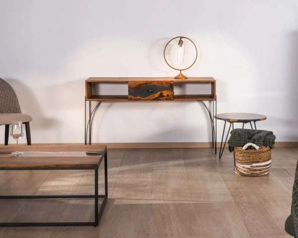 Petite Table D'appoint Ronde Style Ethnique En Acacia Et Résine Avec Pieds Métal "Membatu" – Image 7