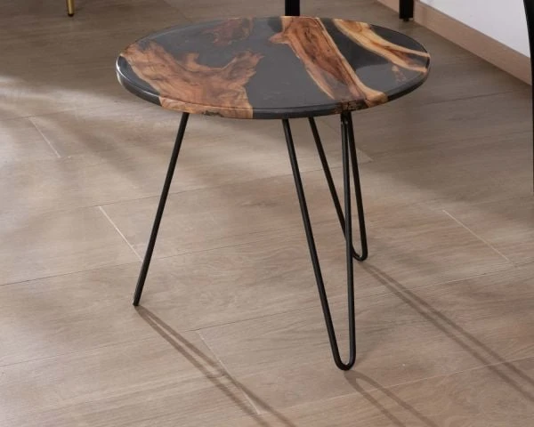 Petite Table D'appoint Ronde Style Ethnique En Acacia Et Résine Avec Pieds Métal "Membatu" – Image 3