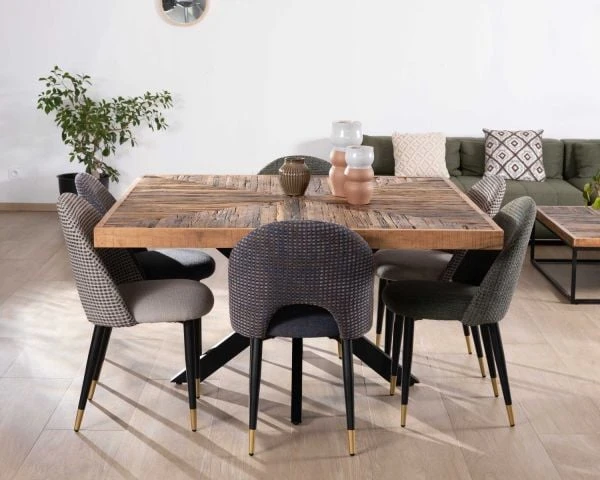 Table De Repas Carrée 140cm Acacia Finition Chevrons Pieds Métal Noir Croisés "Géonidum" – Image 9
