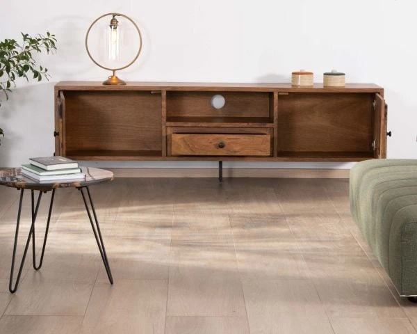 Petite Table D'appoint Ronde Style Ethnique En Acacia Et Résine Avec Pieds Métal "Membatu" – Image 6