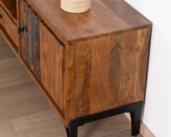 Grand Meuble TV 200cm Style Ethnique Avec Motif Résine "Membatu" Acacia Massif Et Piètement Métal – Image 5