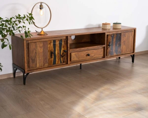 Grand Meuble TV 200cm Style Ethnique Avec Motif Résine "Membatu" Acacia Massif Et Piètement Métal