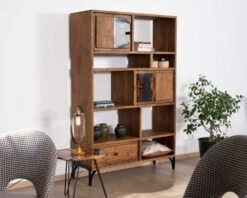 Bibliothèque Style Ethnique Acacia Massif Et Motifs Résine Grise "Membatu"