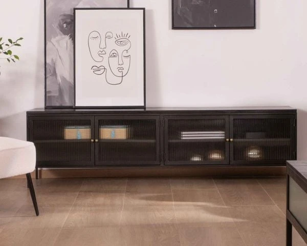 Meuble TV Noir 180 Cm "Boston" Portes Vitrées Structure Métal Et Bois – Image 5