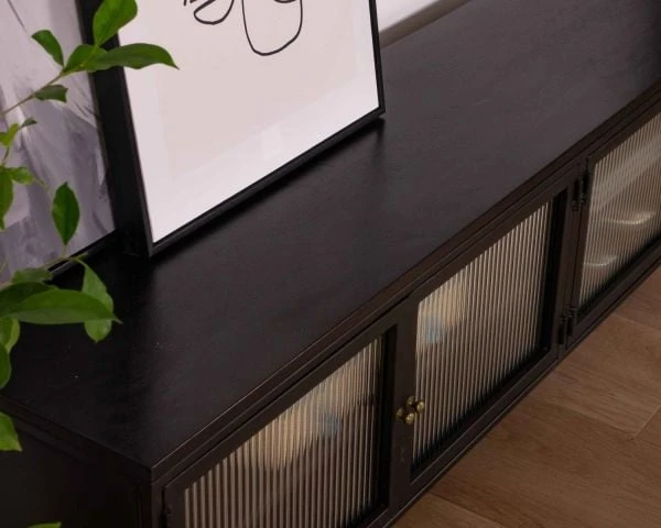 Meuble TV Noir 180 Cm "Boston" Portes Vitrées Structure Métal Et Bois – Image 6