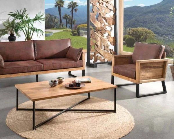 Fauteuil Style Club En Teck Et Tissu Aspect Cuir "Roster" – Image 3