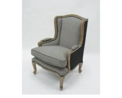 Fauteuil BergĂšre "Sofia" Bois Massif Et Tissu Noir Et Blanc Ă Losanges