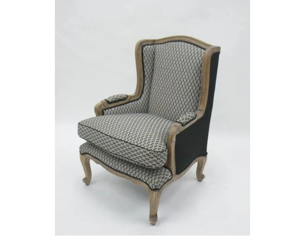 Fauteuil Bergère "Sofia" Bois Massif Et Tissu Noir Et Blanc à Losanges