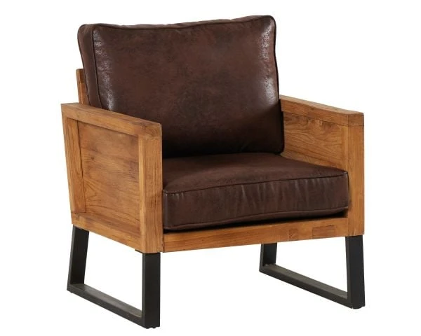 Fauteuil Style Club En Teck Et Tissu Aspect Cuir "Roster"