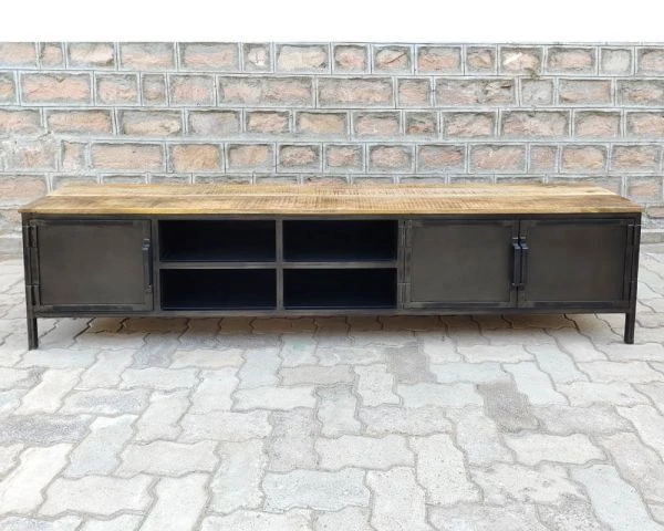 Meuble TV Noir En Métal Et Bois "Dowtoun" Style Atelier 220 Cm – Image 2