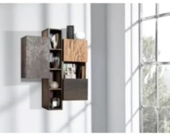 EtagÚre Murale Moderne 3 Portes 5 Niches "Mezzo" Bois Métal Ciment