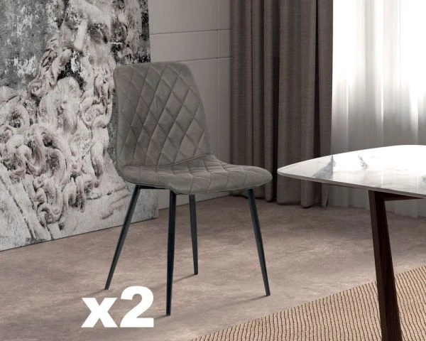 Lot De 2 Chaises Matelassées Microfibre Grise, Pieds Métal Noir "Miro"