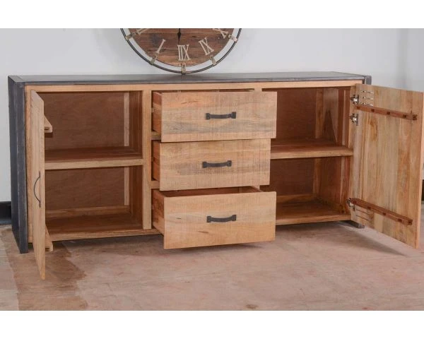 Enfilade Industrielle 2 Portes 3 Tiroirs Manguier Et Métal "New York" – Image 2