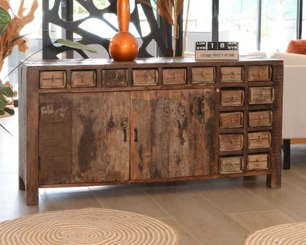 Buffet Bas Ethnique En Bois Exotique Brut Recyclé 150cm "Népalaise"