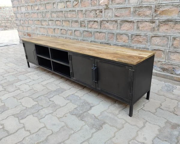 Meuble TV Noir En Métal Et Bois "Dowtoun" Style Atelier 220 Cm – Image 4