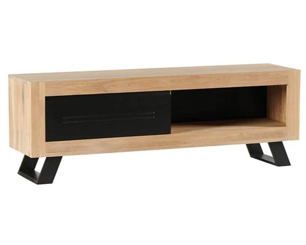 Grand Meuble Télé Industriel Chêne Massif Noir Et Naturel "Davos"