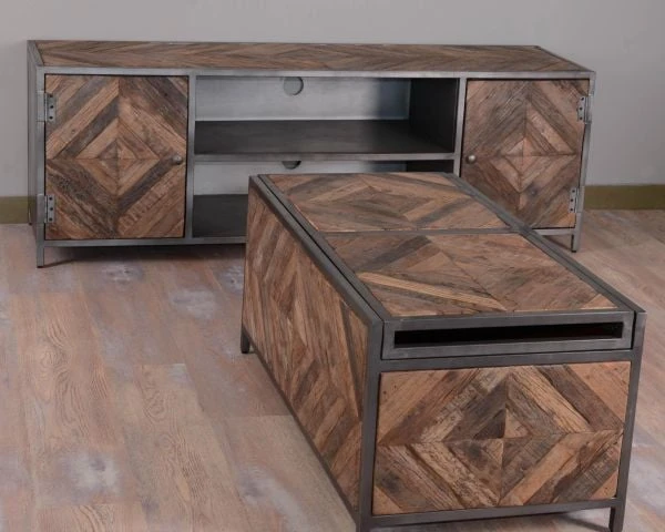 Grand Meuble Télé Industriel Métal Bois Recyclé 160cm "Wood" – Image 4