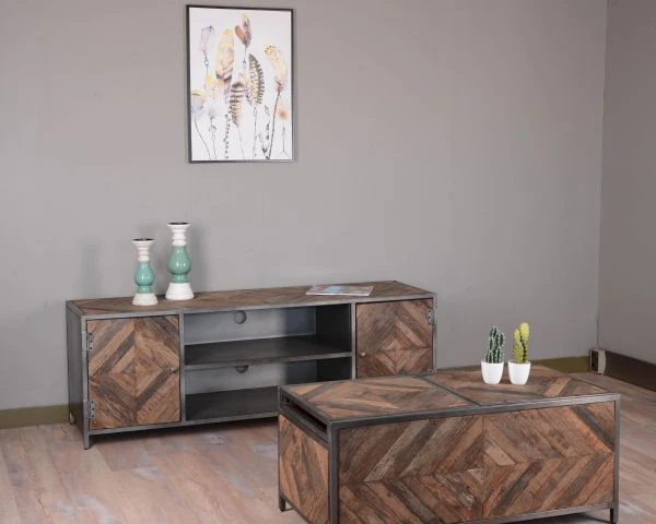 Grand Meuble Télé Industriel Métal Bois Recyclé 160cm "Wood" – Image 3