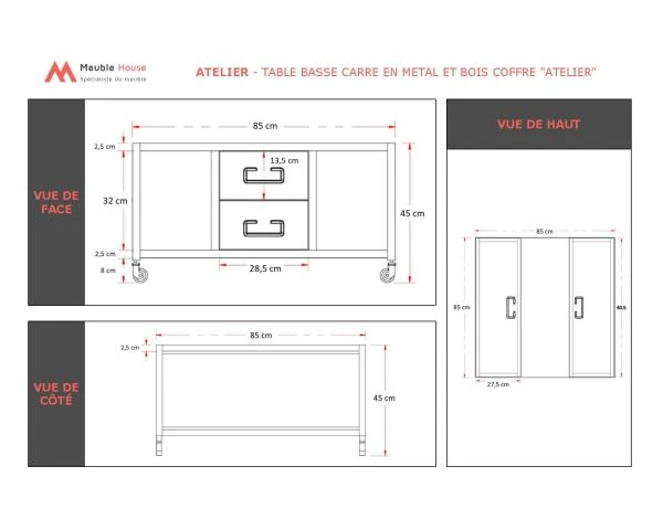Table Basse Carrée Métal Et Bois Avec Coffres "Atelier" Sur Roulettes – Image 4