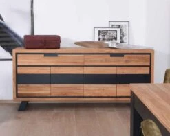 Grande Enfilade Moderne Chêne Massif Aspect Bois Et Noir "Toly" 4 Portes 2 Tiroirs