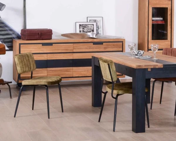 Grande Enfilade Moderne Chêne Massif Aspect Bois Et Noir "Toly" 4 Portes 2 Tiroirs – Image 8