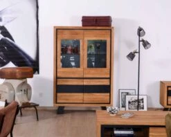 Vitrine Noire Et Bois En Chêne Massif "Toly" 4 Portes Haut.152cm