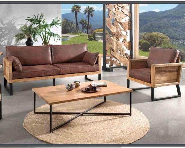 Fauteuil Style Club En Teck Et Tissu Aspect Cuir "Roster" – Image 2