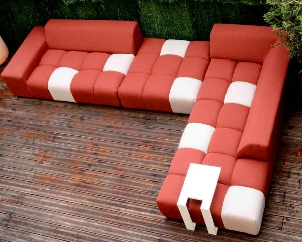 Canapé Extérieur Avec Angle Retour Gauche Tissu Rouge Et Beige Sunbrella "Lazy Beach" – Image 2