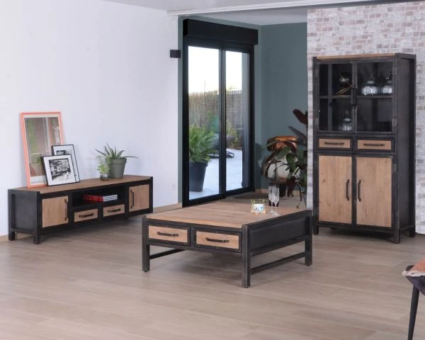 Table Basse Carrée Style Industriel Avec Tiroirs "Saturne" 100x100cm – Image 2