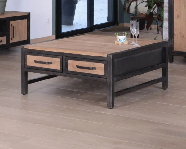 Table Basse Carrée Style Industriel Avec Tiroirs "Saturne" 100x100cm