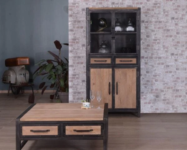 Table Basse Carrée Style Industriel Avec Tiroirs "Saturne" 100x100cm – Image 3