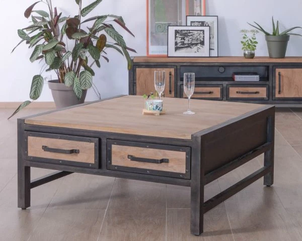 Table Basse Carrée Style Industriel Avec Tiroirs "Saturne" 100x100cm – Image 4