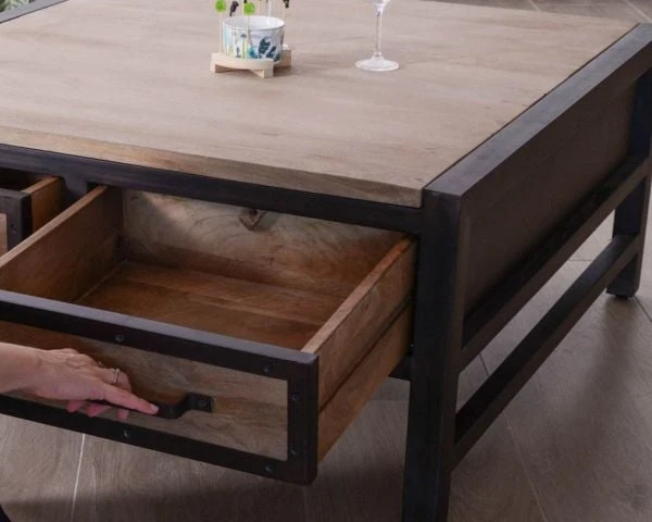 Table Basse Carrée Style Industriel Avec Tiroirs "Saturne" 100x100cm – Image 5