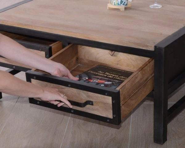 Table Basse Carrée Style Industriel Avec Tiroirs "Saturne" 100x100cm – Image 6