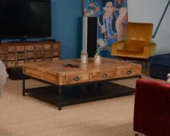 Table Basse 6 Tiroirs Manguier Massif Et Métal "Emil" Double Plateau